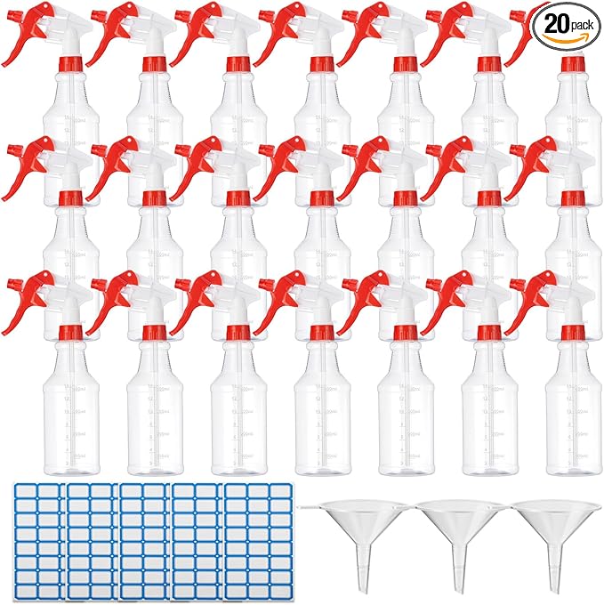 Eccliy 20 Pack 16oz Empty Spray Bottles, Leakproof Cleaning Bottles with Measurement and Adjustable Nozzle for Housekeeping, Commercial Use(Clear Cylinder,Red White Spray Head)