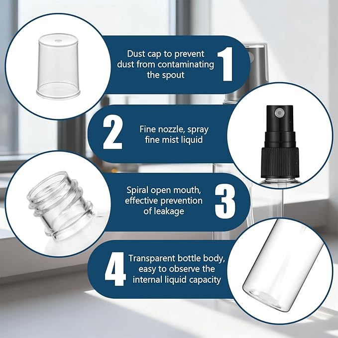 SHENLIU 100 Pcs Mini Clear Spray Bottles 1 oz Plastic Empty Travel Bottle Fine Mist Small Spray Containers with 2 Pcs Funnels Refillable Liquid Travel Containers for Perfume Skin Toner Essential Oils