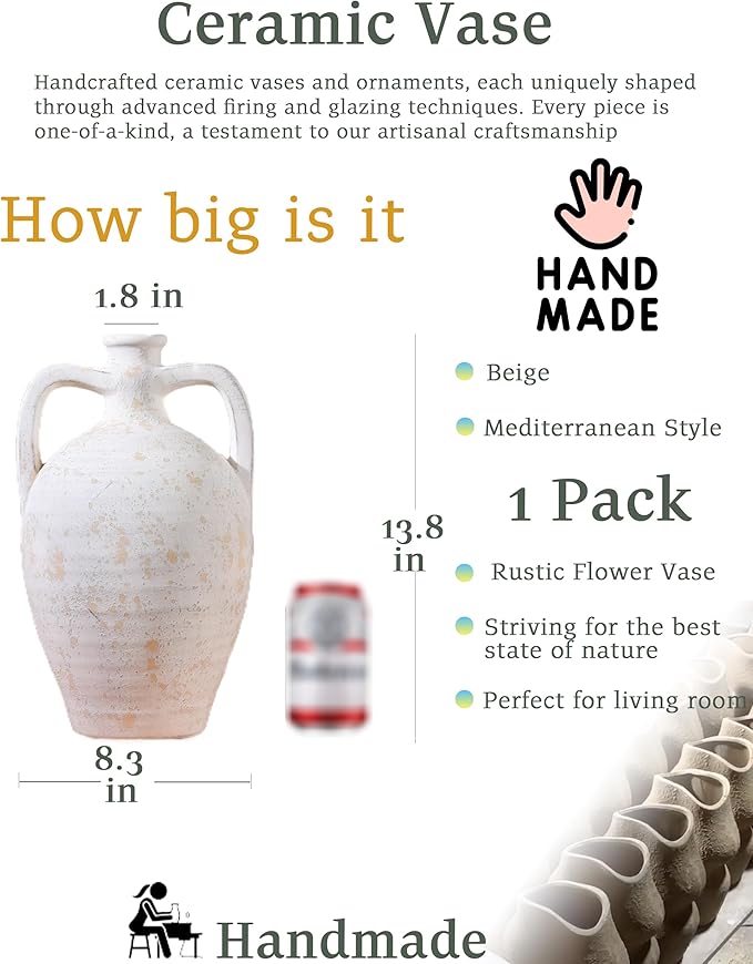 UPWOIGH Ceramic Flower Vase, 13.8 inch Tall Off-White Farmhouse Rustic Vase, Handcrafted Weathered Handles Pottery Vases, Large Flower Terracotta Vases for Home Decor, Living Room, Table, Shelf