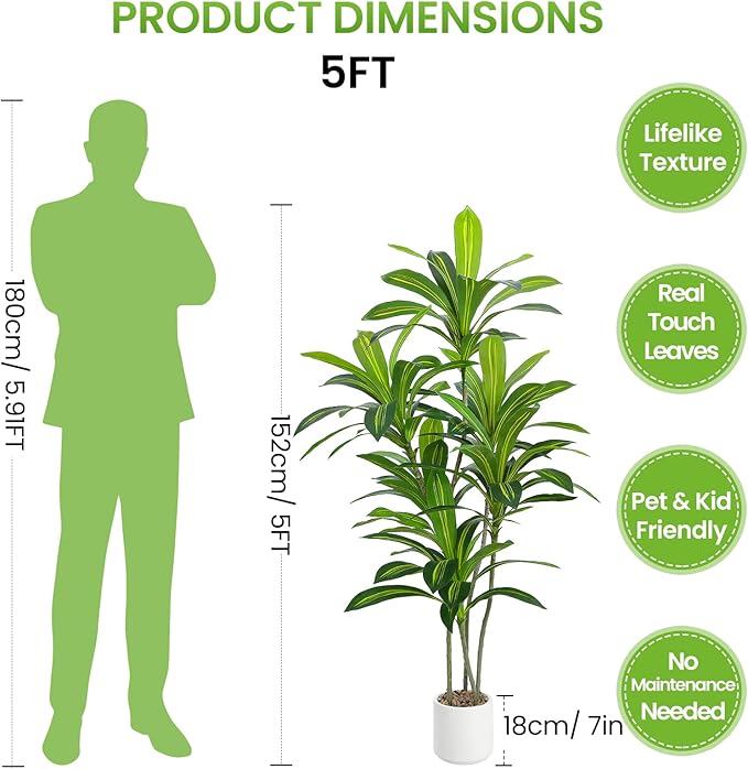 5FT Artificial Dracaena Tree, Faux Dracaena Plant with Stones in White Round Planter, Tall Fake Floor Plant for Indoor Home Office Living Room Decor