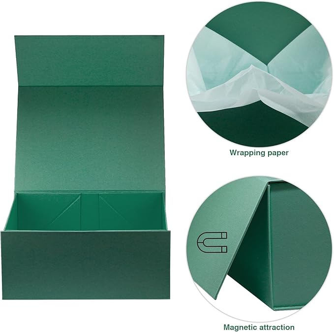 MOYEUPAC Green Gift Box,9" X 7" X 4" with Lids for Presents Magnetic Closure Gift Packagingfor Birthday, Christmas-Green with Ribbon
