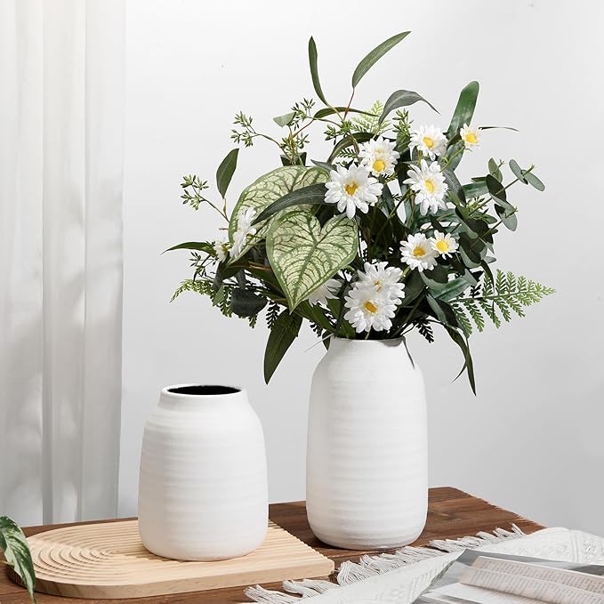Briful White Ceramic Vase for Pampas Grass – 9.4” Tall Ribbed Modern Vase, Minimalist Farmhouse Table Centerpiece, Boho Home Decor for Dried Flowers, Shelf, Mantel & Entryway Styling