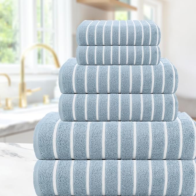 CASA COPENHAGEN Ecstatic 6 Pieces Towel Set- Dusty Blue, 600 GSM 2 Bath Towel 2 Hand Towel 2 Washcloth, Designed in Denmark Made of Soft Egyptian Cotton for Bathroom, Kitchen & Shower