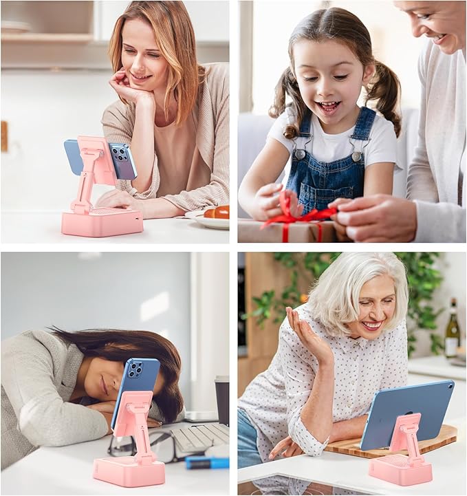 Gifts for Women Girls, Phone Stand with Bluetooth Speaker 360° Rotable Angle Adjustable Cell Phone Holder for Desk with HD Subwoofer Sound Fits All Phones,Tablets (Pink)