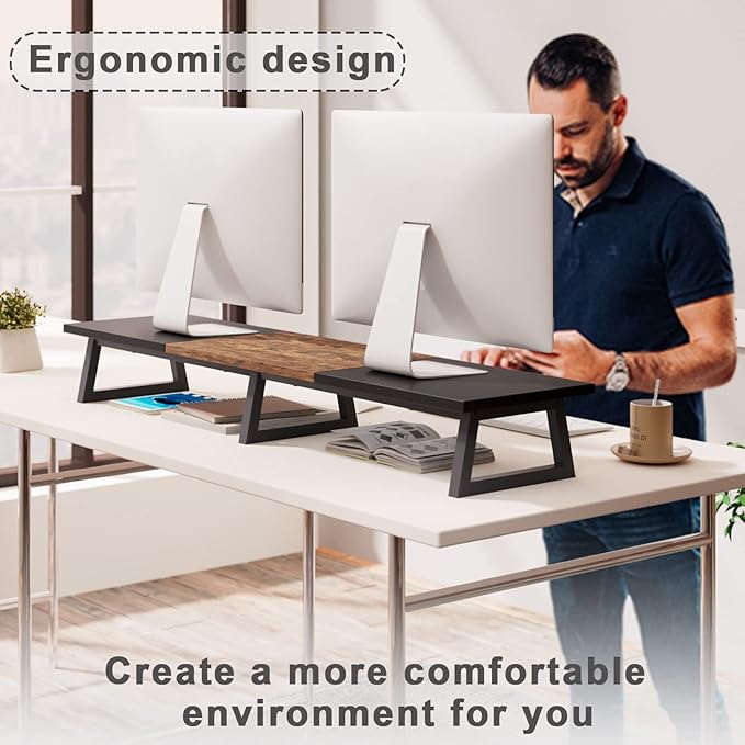 TEAMIX 42 inch Large Dual Monitor Riser, Extra Long Monitor Stand Riser for 2 Monitors, Wood & Steel Desktop Riser Desk Organization Home Office (Black+Brown, 42 inch)