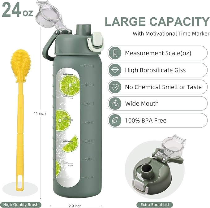 24 oz Glass Water Bottles with 2 Lids-Handle Spout Lid & Straw Lid, Motivational Water Bottle with Time Marker and Silicone Sleeve,Leakproof-Olive-1 Pack