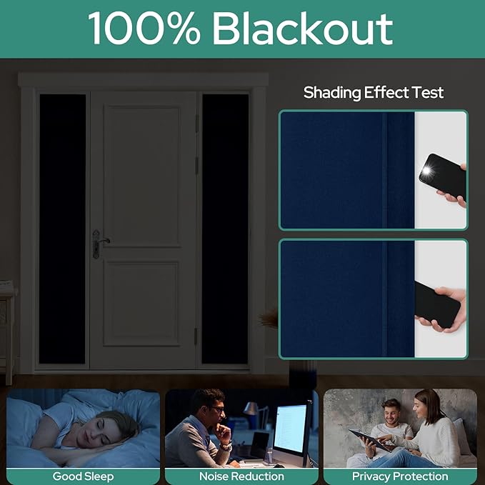 HOMEIDEAS 100% Linen Blackout Sidelight Curtains for Front Door, Side Door Window Curtains, Small Window,Thermal Insulated Covering, 1 Panel, W12 X L68 Inch, Navy