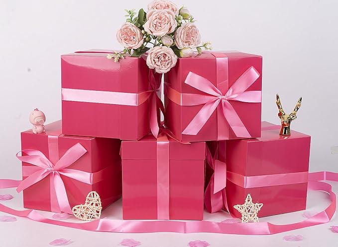 Jaywayang 5 Pack Pink Gift Boxes with Lids, Ribbons and Tissue Papers Square Gift Boxes - 7.1 Inch - Birthday, Wedding, Presents Wrapping, Mother's Day, Valentine's Day Decoration Party Favor Boxes.
