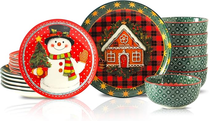 HASENSE 18 Pieces Dinnerware Sets Service for 6, Christmas Plates and Bowls Set, Ceramic Chip Resistant Tableware Dishes Set, Scratch Resistant Microwave and Dishwasher Safe, Multicolor