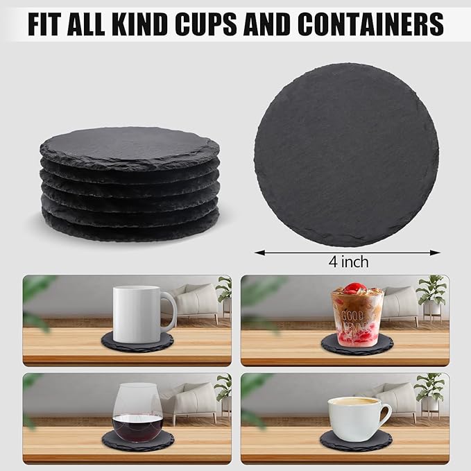 6 Pack Round Slate Drink Coasters, VIBRATITE 4 Inch Black Slate Stone Coasters Bulk Cup Coasters Laser Engraving Blanks with Anti-Scratch Bottom for Drink Coffee Bar Kitchen Home Decor