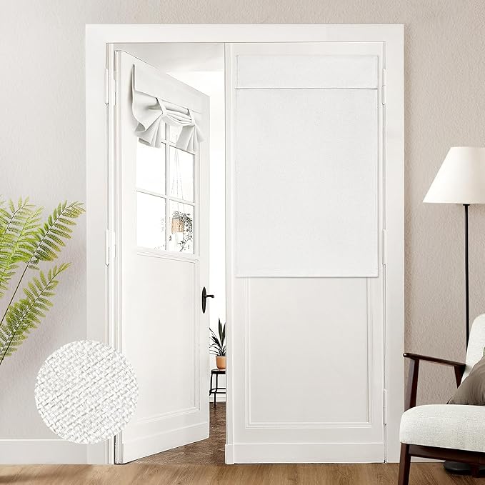 HOMEIDEAS 100% White Linen Blackout French Door Curtains, Privacy Door Window Curtains, 30 X 40 Inch Room Darkening Blinds, Thermal Insulated Shades for Bedroom, 1 Panel
