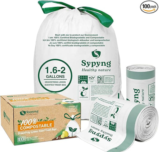 Compostable Kitchen Waste Trash Bags 1.6-2 Gallon (100 Pack) Heavy Duty 100% Biodegradable White Compost Bags for Countertop Bin, ASTM D6400, BPI & OK Compost HOME Certified, Eco-Friendly & Recyclable