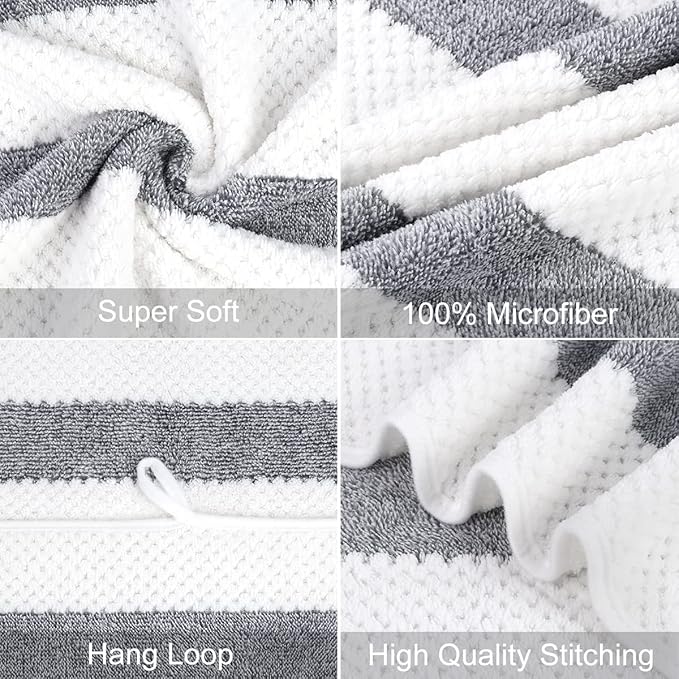 JML Bath Towels Set Pack of 2, Microfiber Bath Towel for Body, 30" x 60", Large, Oversized, Soft, Super Absorbent, Fast Drying, Use for Suana, Shower, Pool, Sport, Fitness, Yoga, Waffle Stripe Grey