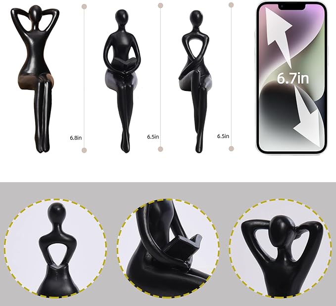 Quoowiit Black Thinker Statue Book Shelf Decor, Minimalist Modern Home Decor Collectable Figurines Office Desk Unique Coffee Table Decorations for Living Room 3 Piece