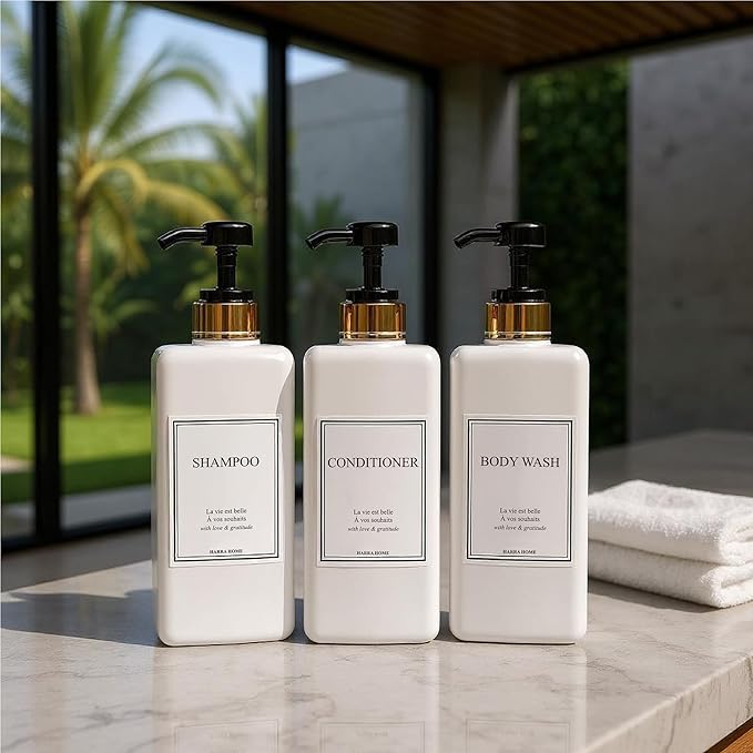 Modern Gold Design Large 27 oz Shampoo and Conditioner Dispensers - Empty Plastic Refillable Pump Bottle Set for Bathroom Shower Soap Dispenser, Gift Box Included, Set of 3 (Black)