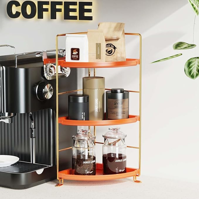 3-Tier Corner Bathroom Organizer Countertop for Storage，Counter Tray and Vanity Organizer，Plastic Counter Organizer for Kitchen, Bathroom, Dresser 10.6 inches (Gold Orange)