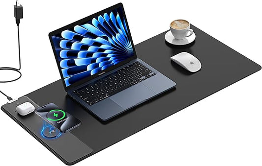TopMade Wireless Charging Mouse Pad, Gaming Mousepad Home Office Large Desk Pad with Ultra-Smooth Surface, Non-Slip Base, Waterproof Keyboard Mat (Includes 20W PD Power Adapter & 6.56ft Woven Cable)