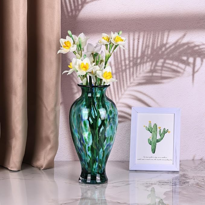 Blown Glass vase, Unique Glass vase, Glass Green Decorative vase for Home Living Room Dining Table re Office Wedding Entrance Desktop Decorative vase.