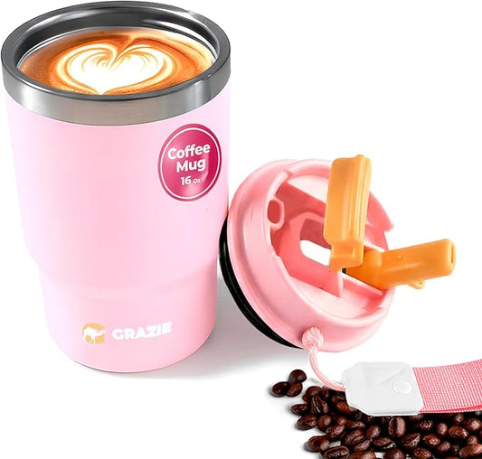 Insulated Stainless Steel Coffee Mug 16 oz with Sliding Lid Double Wall Vacuum Travel Tumbler for Hot and Cold Drinks Leakproof Portable Reusable Cup for Work Camping Hiking School Gym Candy Glow