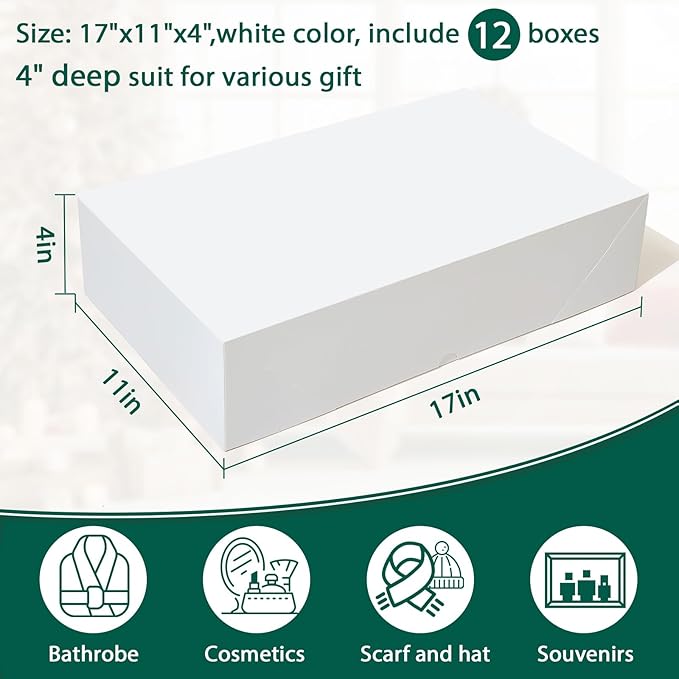 YANGTE 12 Premium Gift Boxes with Lids for Presents, Extra Large White Boxes for Wrapping Gifts, 4-inch Deep Clothing Gift Boxes for Robe, Sweater, Shirt and Christams Gift