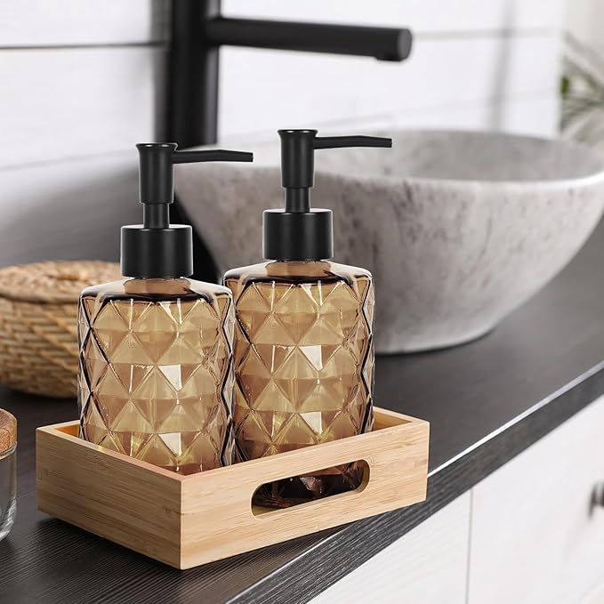 Dark Brown Glass Soap Dispenser with Pump, 12oz Diamond Design Hand Soap Dispenser, Refillable Lotion Dispenser & Dish Dispenser, Bathroom Dispenser for Dishwashing Liquid, Shower Gel