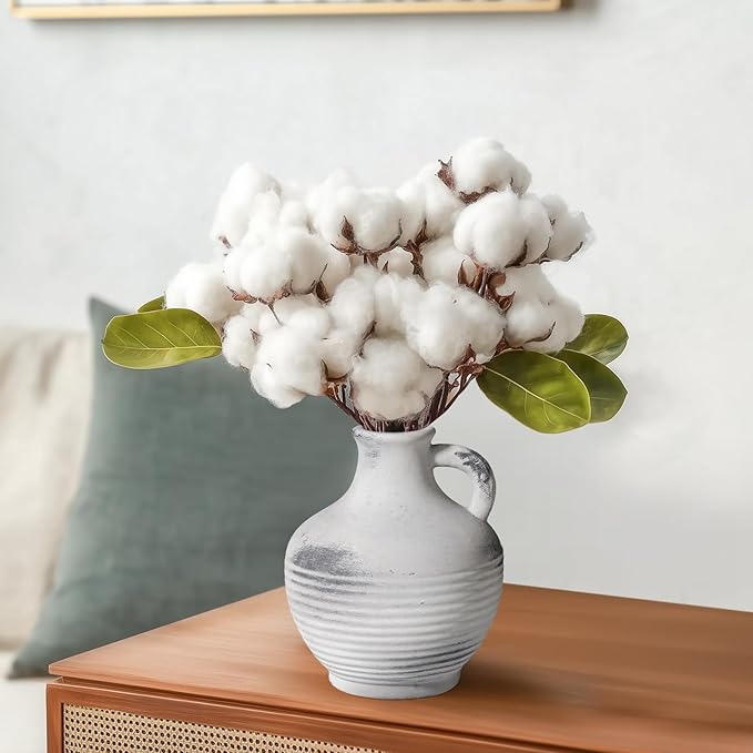 Rustic Farmhouse Vase, Ceramic Terracotta Vase with Handle, 6 inch Pottery Decorative Flower Vases for Home Decor, Table, Living Room, Bathroom, Shelf, Mantel Decor Grey