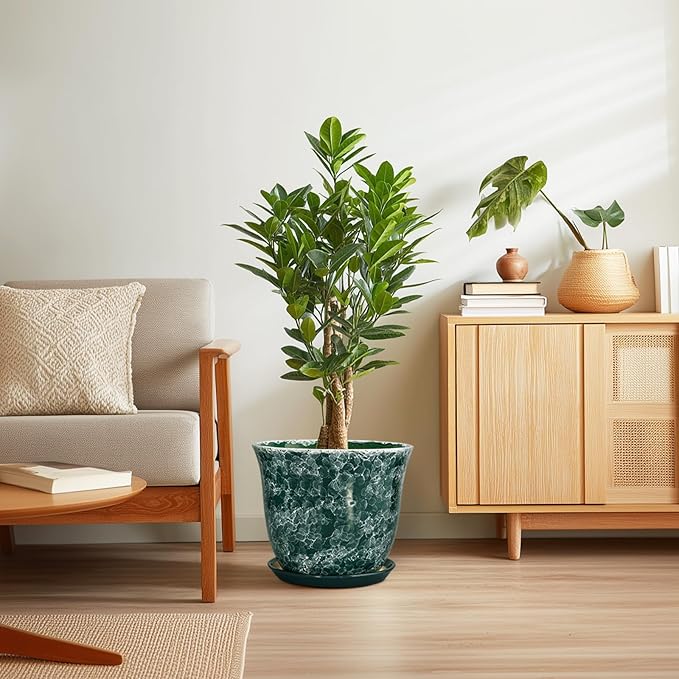 Ceramic Planter - 12 Inch Pots for Plants with Drainage Hole and Saucer, Round Planter for Indoor Outdoor, Large Plant Pot, Modern Planters, Garden Patio Decor, House Warming Gifts, Green