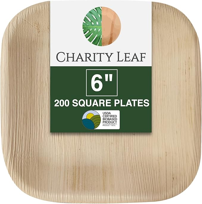 Charity Leaf Disposable Palm Leaf 6" Square Plates (200 pieces) Bamboo Like Serving Platters, Disposable Boards, Eco-Friendly Dinnerware For Weddings, Catering, Events