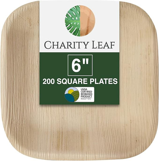 Charity Leaf Disposable Palm Leaf 6" Square Plates (200 pieces) Bamboo Like Serving Platters, Disposable Boards, Eco-Friendly Dinnerware For Weddings, Catering, Events