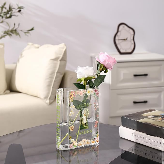 Book Vase for Flowers, Glass Book Shaped Vase, Clear Flower Vases, Book Glass Vases for Bedroom, Living Room, Office, Bookshelf, Coffee Table, Book Lovers Gifts(SG)