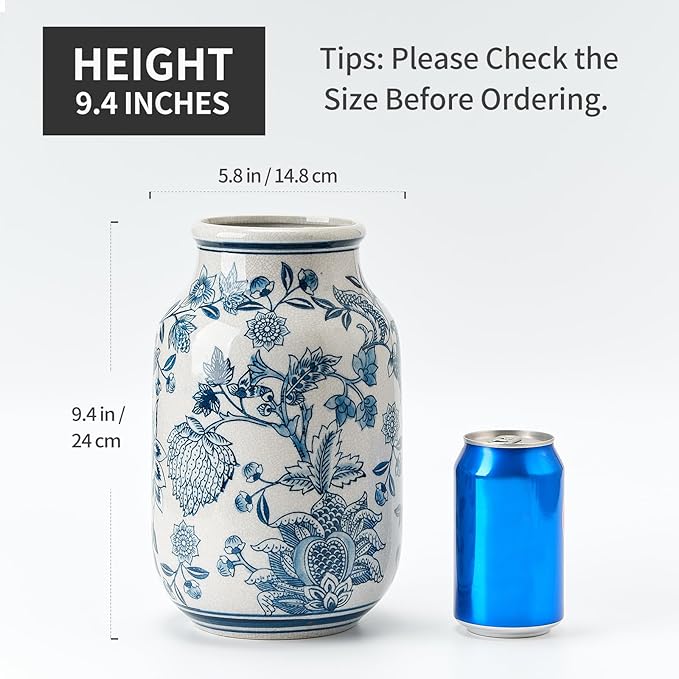SIDUCAL Blue and White Vintage Vase, 9.4 Inch Ceramic Chinoiserie Floral Vase, Retro Ice Cracked Blue and White Porcelain for Home Decor Centerpieces, Living Room, Bookshelf, Office