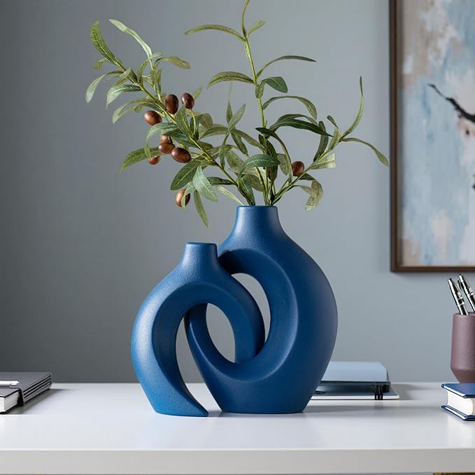 Snuggle Hollow Ceramic Vase Set of 2, 8.4 Inch Hug Donut Modern Nordic Boho Style Vases for Home Decor Anthropologie Aesthetic Living Room Shelf Coffee Table Decorative (Navy Blue)