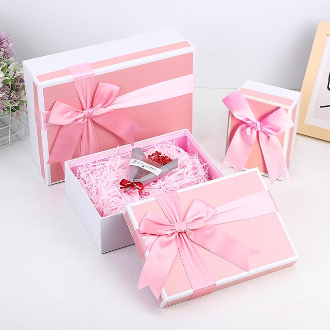 Airuisike Gift Boxes With Lids For Presents, Set Of 3 Pink Gift Wrap Boxes With Ribbon, Assorted Boxes For Presents, Sturdy & Pre-Wrapped Gift Box