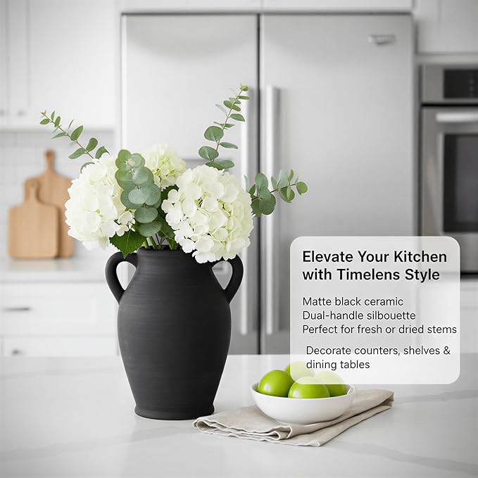 8.1-Inch Black Ceramic Flower Vase with Handles, Rustic Farmhouse Boho Pottery Centerpiece for Table, Living Room & Shelf