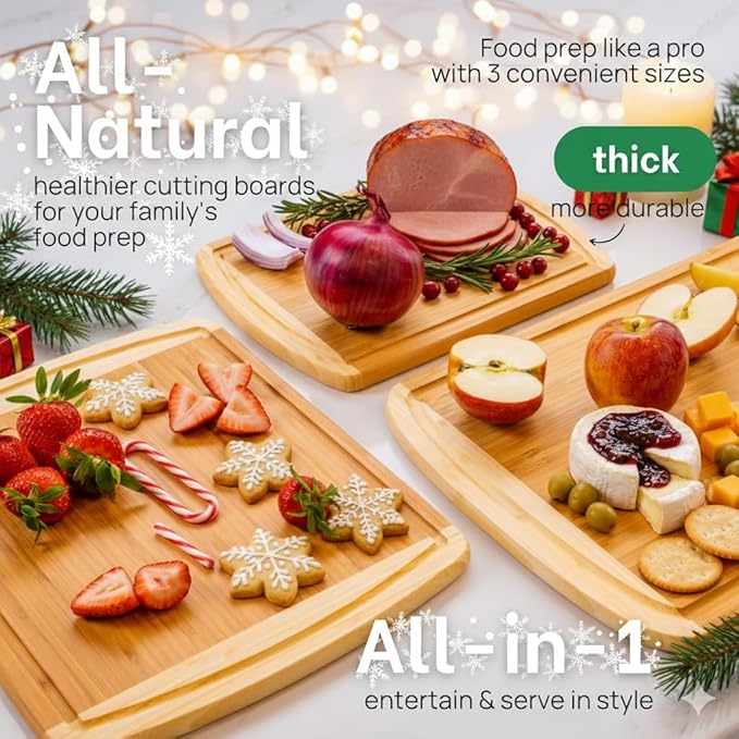 Organic Bamboo Cutting Boards for Kitchen Set of 3 with Lifetime Replacements – Premium Extra Large Wood Chopping Boards with Juice Grooves for Carving & Serving, Non-Toxic & Durable by Greener Chef