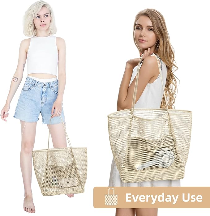 KALIDI BeachNylon Mesh Tote Bag, Casual Tote Bag Hobo Women Foldable MAX 23L Shoulder Bag For Beach Picnic Vacation
