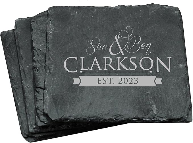 My Personal Memories Custom Engraved Slate Coasters Set of 4 - Monogrammed Coasters for Drinks, Weddings, Couples, Anniversaries - Personalized (Square)