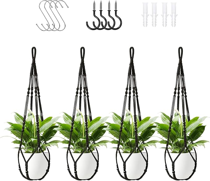 Macrame Plant Hanger Indoor Set of 4 with 8 Hooks, Indoor Outdoor Hanging Planter for Plants Holder with Decorative Wood Beads & No Tassels, Boho Home Decor, 35 Inch Black (Pots Not Included)