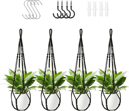 Macrame Plant Hanger Indoor Set of 4 with 8 Hooks, Indoor Outdoor Hanging Planter for Plants Holder with Decorative Wood Beads & No Tassels, Boho Home Decor, 35 Inch Black (Pots Not Included)