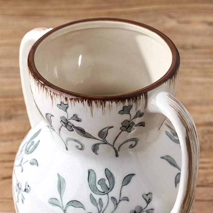 Gray and Beige Farmhouse Vintage Vase with 2 Handles, Chinoiserie Floral Vase, Rustic Ceramic Vases for Home Decor, Wedding, Living Room, Table, Shelf Decor - 8.3 Inch Tall
