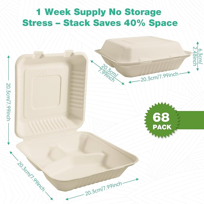 𝟴𝘅𝟴", 𝟲𝟴-𝗣𝗮𝗰𝗸 3-Compartment Clamshell Takeout Containers, 100% Compostable Heavy-Duty Disposable Paper Lunch Boxes(Natural)