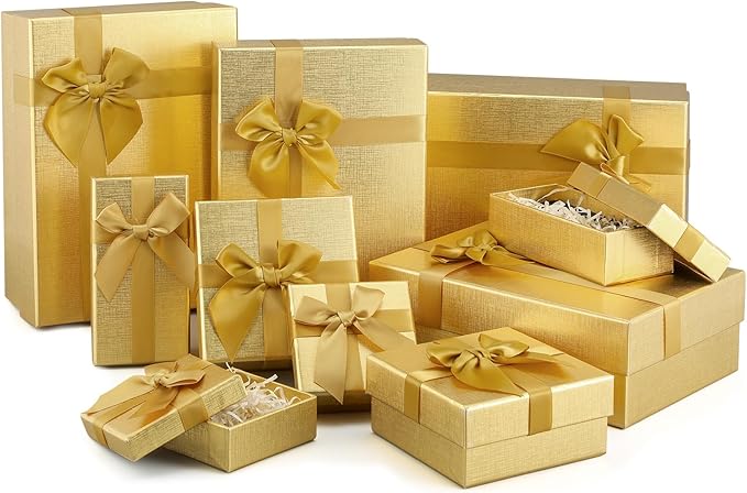 Tenceur 10 Pcs Gift Boxes with Lids Heavy Duty Nested Assorted Sizes Cardboard Gift Boxes for Presents with Ribbon for Xmas Holiday Present(Gold,5 Size)