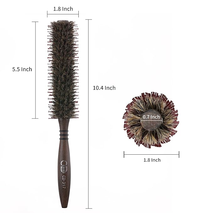 PERFEHAIR Small Round Boar & Nylon Bristle Brush -1.8 Inch, Styling Hairbrush for Blow Drying Curling Men & Women's Short, Thin, Fine Hair, Natural Wooden Handle
