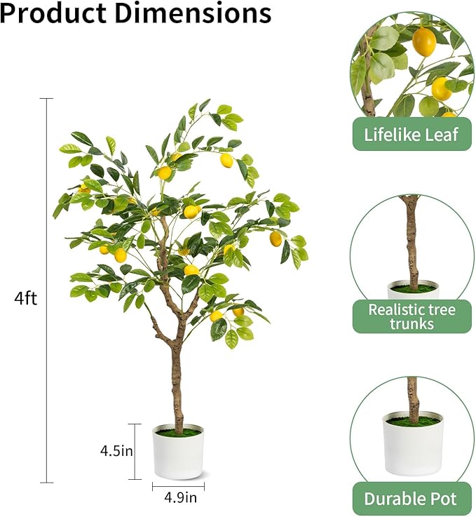 Artificial Lemon Tree 4FT Tall Faux Lemon Tree 4 Feet Fake Lemon Tree Faux Plants with Realistic Trunk and Lifelike Leaves and Fruits for Home Office Decor (Lemon Tree, 4 FT)
