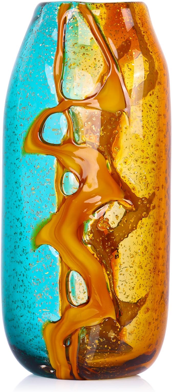 Handcrafted Glass Vase with Amber and Turquoise Colors - Artistic Decorative Flower Vase for Home Decor, Modern Art Piece for Living Room, Dining Table, and Office Desk (13.8 in)