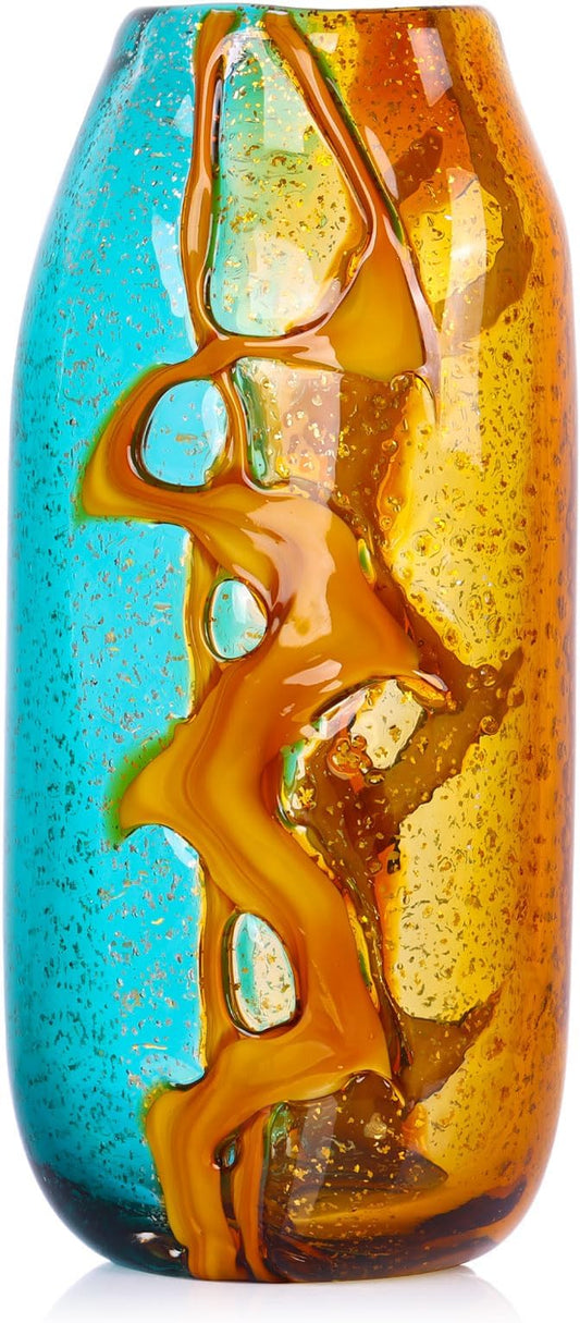 Handcrafted Glass Vase with Amber and Turquoise Colors - Artistic Decorative Flower Vase for Home Decor, Modern Art Piece for Living Room, Dining Table, and Office Desk (13.8 in)