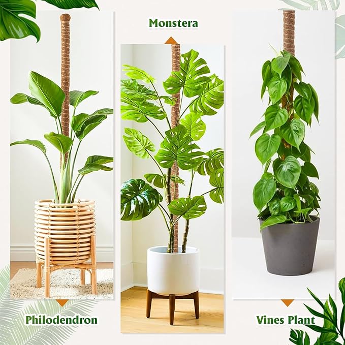2 Pack Bendable Moss Pole 48" 63" Monstera Plant Support for Climbing Indoor Plants Tall Coir Plant Pole Sticks Support Stakes for Potted Plants, Pothos, Philodendron