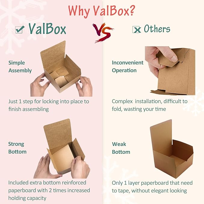 ValBox 4x4x4 Brown Gift Boxes 25PCS Kraft Paper Boxes with Lids for Gifts, Crafting, Cube, Cupcake Boxes, Easy Assemble Boxes for Party Favor