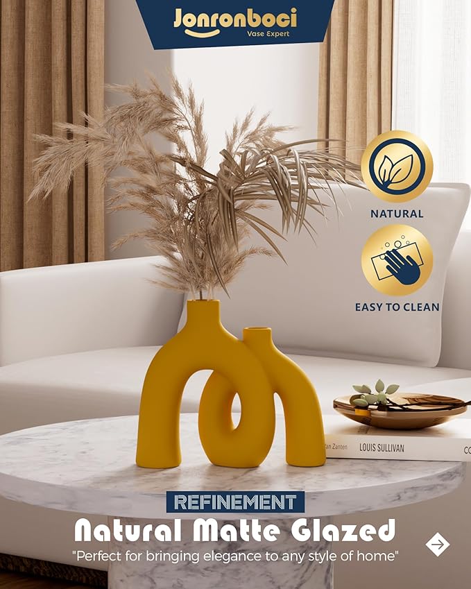 Hug Donut Decorative Vase Set - Yellow Vase, Modern Nordic Boho Style Vases Home Decor, Matte Ceramic Decorations for Living Room Shelf, Bookshelf Mantle Entryway Table or Console Décor (Yellow)