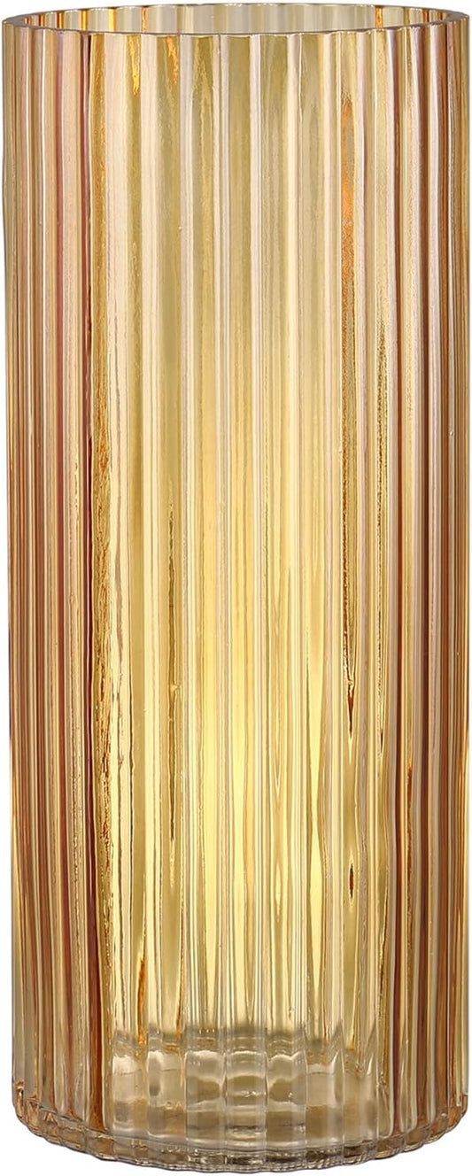 Amber Glass Vase for Flowers, Ribbed Glass Vases, Tall Glass Vases for Tulips, Modern Glass Vase for Living Room, Dining Table, Office, Wedding, Bookshelf, 12 Inches